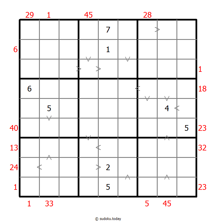 Hybrid Sudoku ( X Sums + Greater Than ) 2025年11月22日