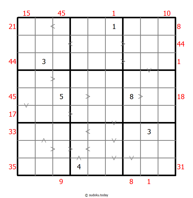 Hybrid Sudoku ( X Sums + Greater Than ) 2026年02月03日