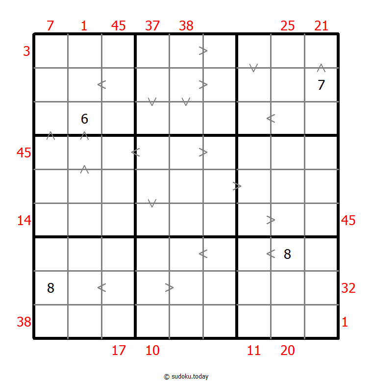 Hybrid Sudoku ( X Sums + Greater Than ) 2025年11月09日
